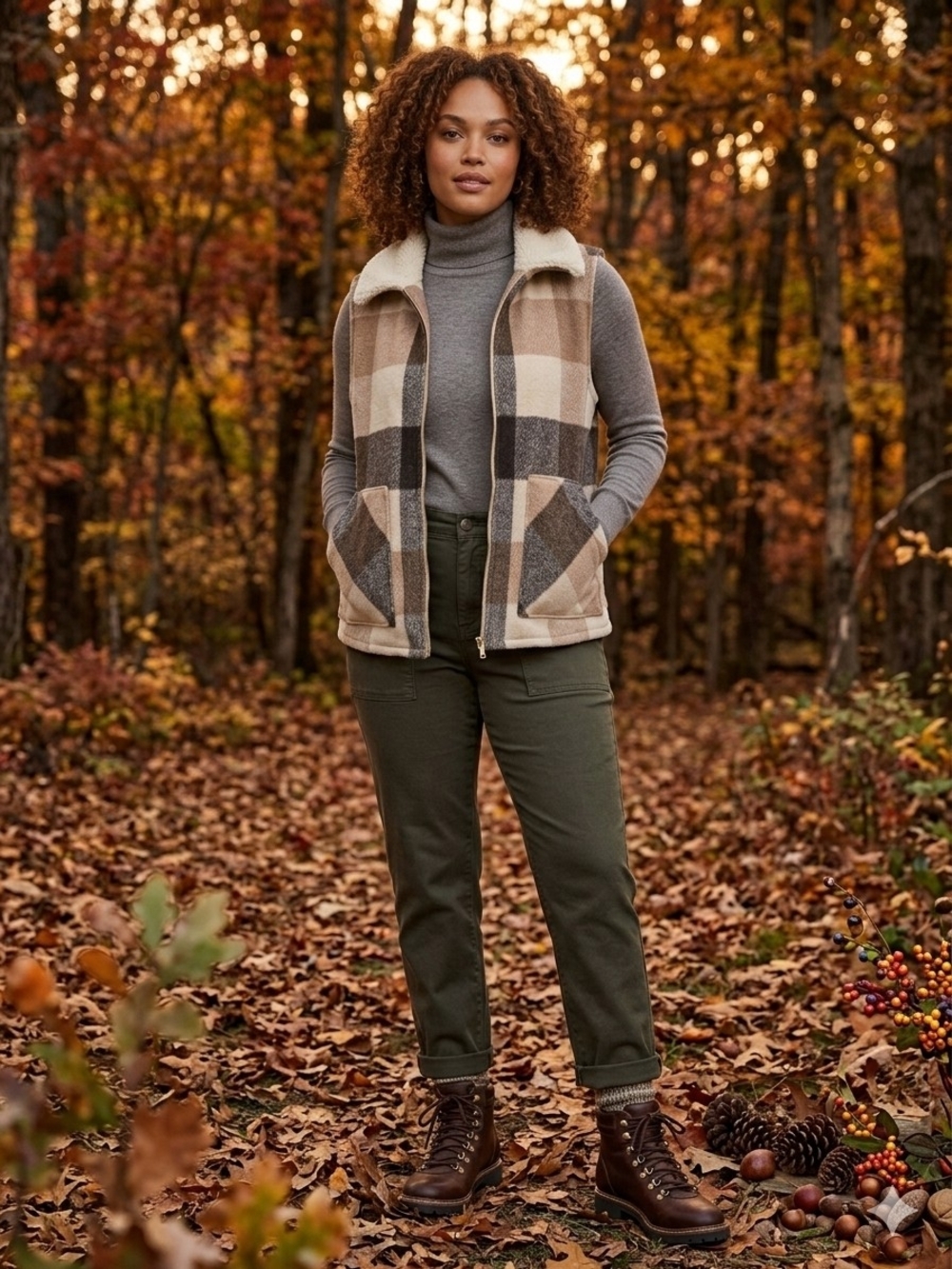Sanctuary Women's Sherpa-Lined Plaid Zip Vest - Beige & Brown